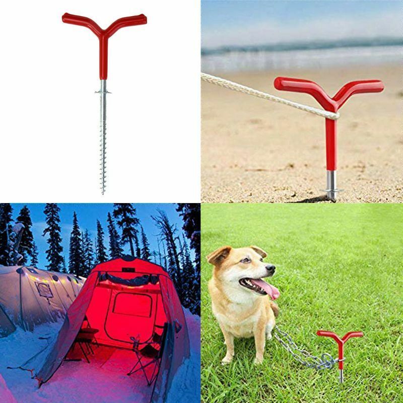 Outdoor Camping Tent Stakes Ice Fishing Screw Rod Ground Anchor Pole Red Silver