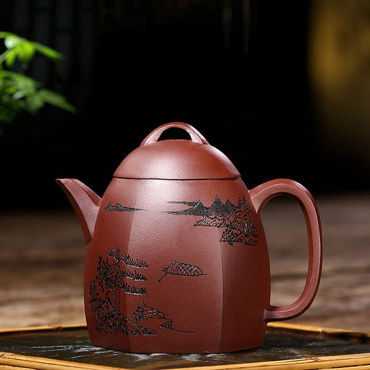 China Yixing Zisha Pottery Purple Clay Handmade 280cc Six Sides Landscape Teapot