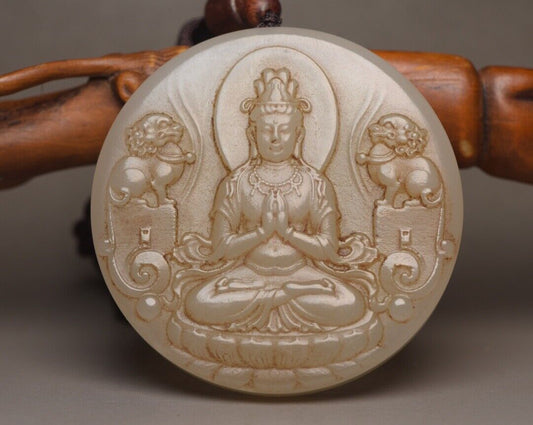 Chinese Natural Hetian Jade Carved Kwan Yin Statue Good Luck Pendant Jewelry Art