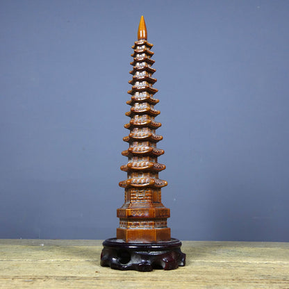 Vintage Rosewood Wenchang Pagoda, Hand-Carved, Red Sandalwood Base, 28cm