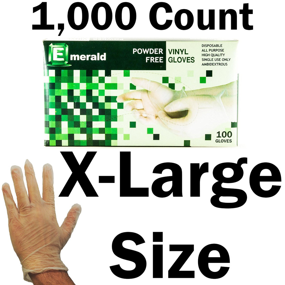 Emerald Shannon 1,000 Count SIZE X-LARGE Powder-Free Vinyl Gloves – 4 Mil