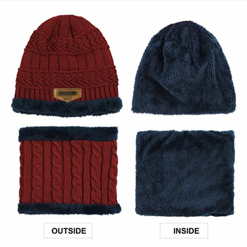 Winter Beanie Hat Scarf Set Soft Fleece Inner Lining Stretchy Knit Cap Elastic