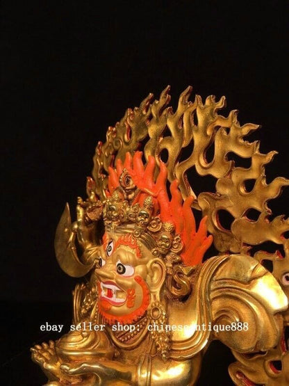 9''Old Nepal Buddhism Copper Gilt Painting Mahakala Wrathful Deity Buddha Statue