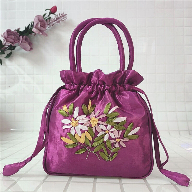 Women Ethnic Embroidered Floral Satin Handbag Girls Drawstring Tote Hanfu Bag