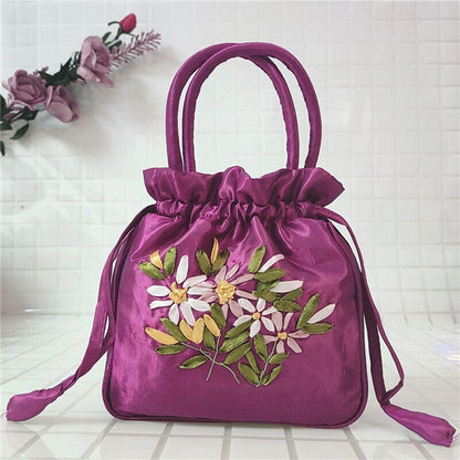 Women Ethnic Embroidered Floral Satin Handbag Girls Drawstring Tote Hanfu Bag