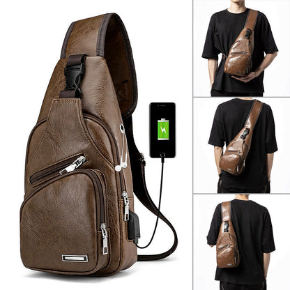 Men Leather Sling Bag Chest Shoulder Crossbody Backpack USB Charging Port Travel