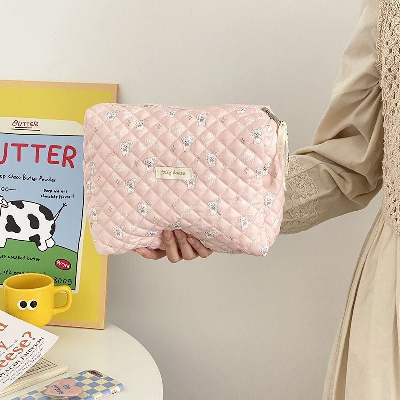 Floral Cotton Diaper Bag Large Cosmetic Bags Makeup Pouch Zipper 24*9*17 Cm Pink