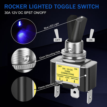 5x Blue LED Light 3Pin Rocker Toggle ON/Off Switch 30A 12V for Car Boat Marine