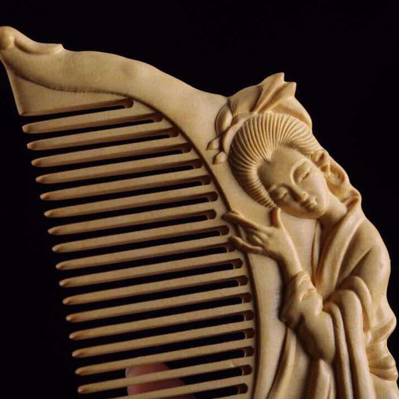 116*65*12mm Fairy Playing the Piano Comb Hand Carving Boxwood Crafts Gift Comb