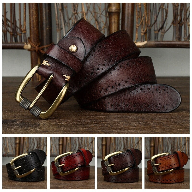Men's Vintage Hollow Leather Belt Solid Brass Buckle Waistbands for Pants Brown