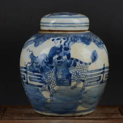 6.3" Chinese Blue and White Porcelain Jar Qing Kylin Kid Design Pot Tea Caddy