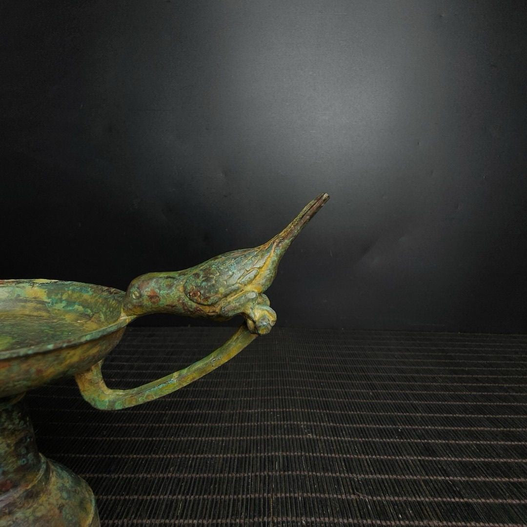Chinese Warring States Bronze Bird-Handle Lamp Replica 13x17cm Decor