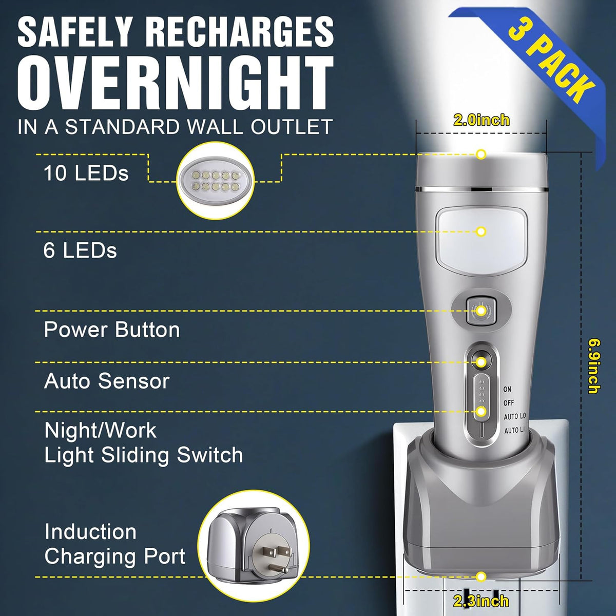 3 Pack Rechargeable Emergency Lights for Home Power Failure Rechargeable Plug in