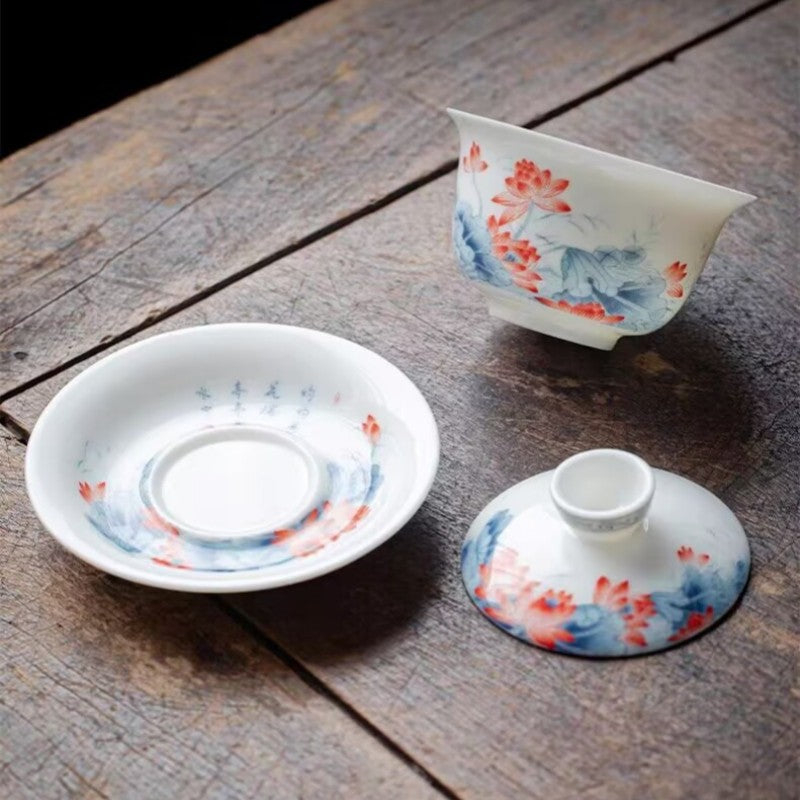 Jingdezhen Ceramic Gaiwan Mutton Jade Porcelain Tureen Matching Tea Cup Pitcher