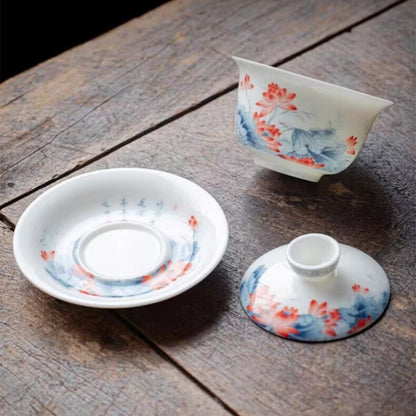 Jingdezhen Ceramic Gaiwan Mutton Jade Porcelain Tureen Matching Tea Cup Pitcher