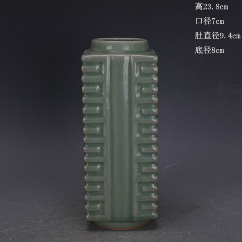 Chinese Song Longquan Kiln Celadon Glaze Porcelain Square Shape Vase Decor 9.37"