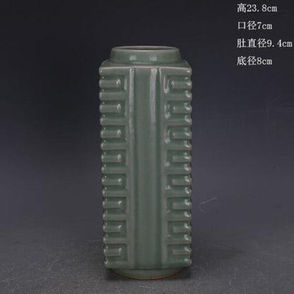 Chinese Song Longquan Kiln Celadon Glaze Porcelain Square Shape Vase Decor 9.37"