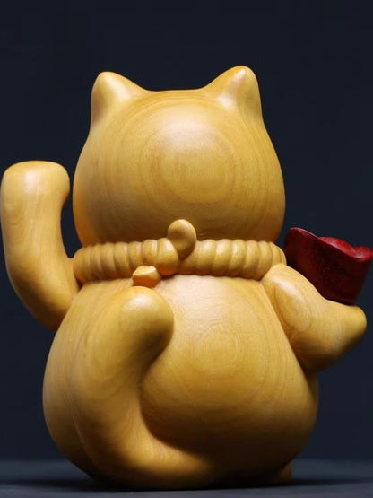 Boxwood Cat Statue Lucky Ingot Money Figure Handcraft Feng Shui Table Decor