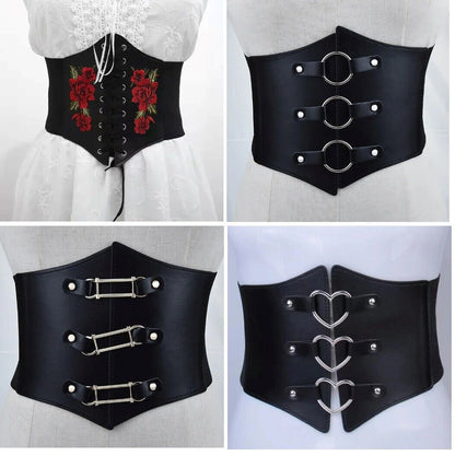 Women Corsets PU Leather Black Sexy Dress Jeans Waistband Wide Belts Cummerbunds