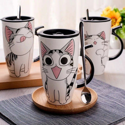Creative Cat Ceramic Mug With Lid Spoon Cartoon Milk Tea Cup Porcelain Mug Set