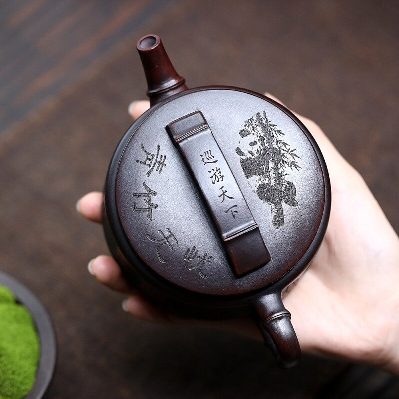 Handmade Tea Pot Panda Carved Real Yixing Zisha Clay Pot Ball Shaped Infuser New