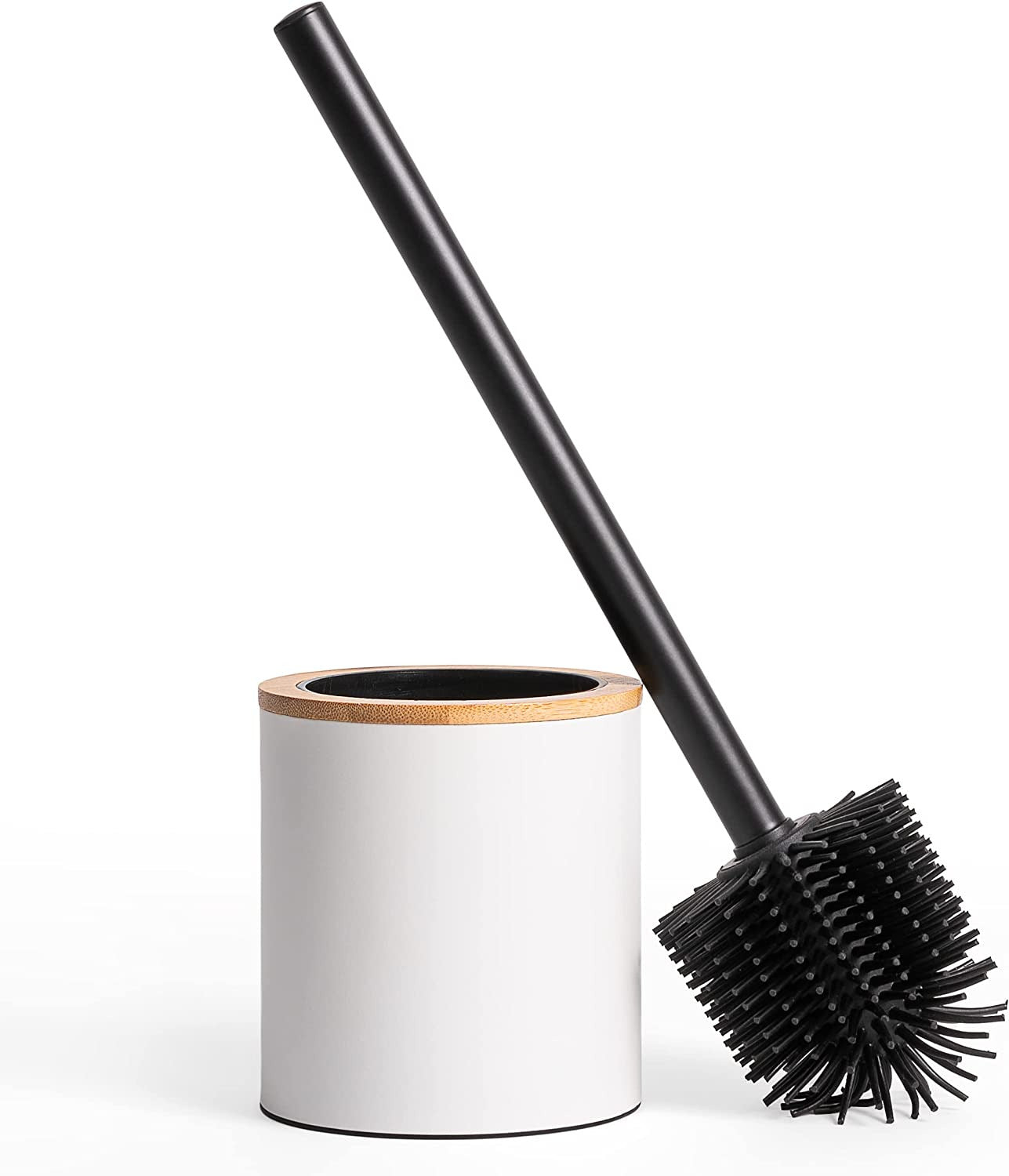 Stainless Steel Toilet Brush Silicone Head & Toilet Brush Holder in Wooden Optic