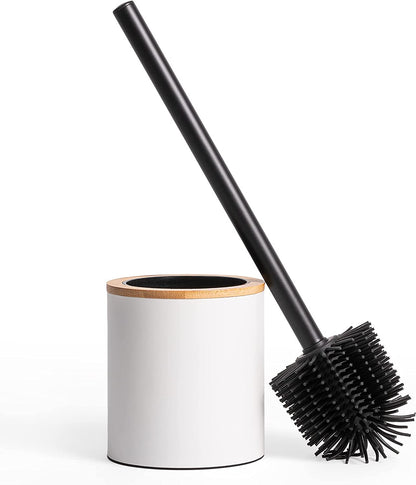 Stainless Steel Toilet Brush Silicone Head & Toilet Brush Holder in Wooden Optic