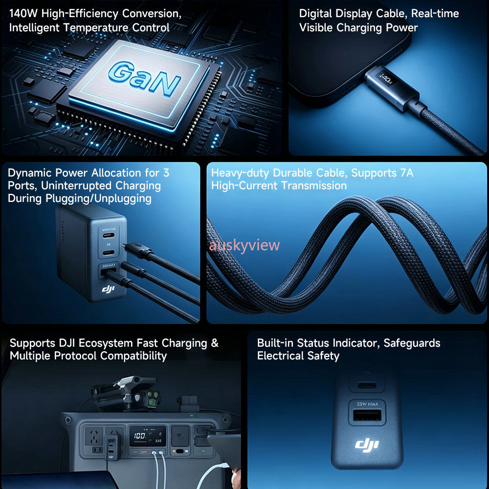 DJI Power 140W GaN Charger Kit–OLED Display Cable,PD 3.1, 3‑Port,For MacBook/DJI