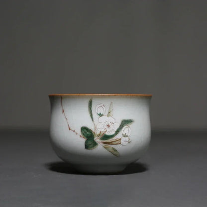 Ru Kiln Ceramic Teacup Travel Portable Hand Painted Flower Tea Bowl Handmade
