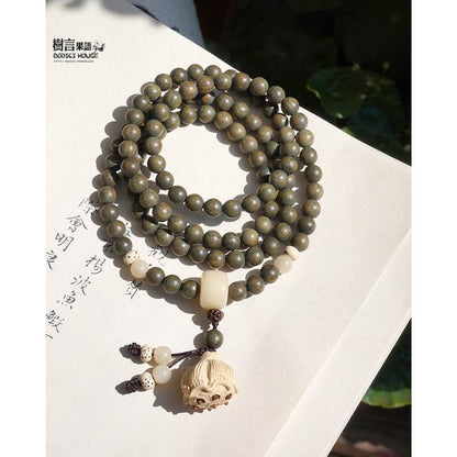 Handmade Green Sandalwood 108 Beads Bracelet 8mm Multi Layer Lotus Pendant Mala