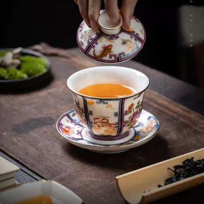 Fat Mutton Jade Porcelain Tea Cup Gaiwan Color Enamel Craft Tureen Souvenir New