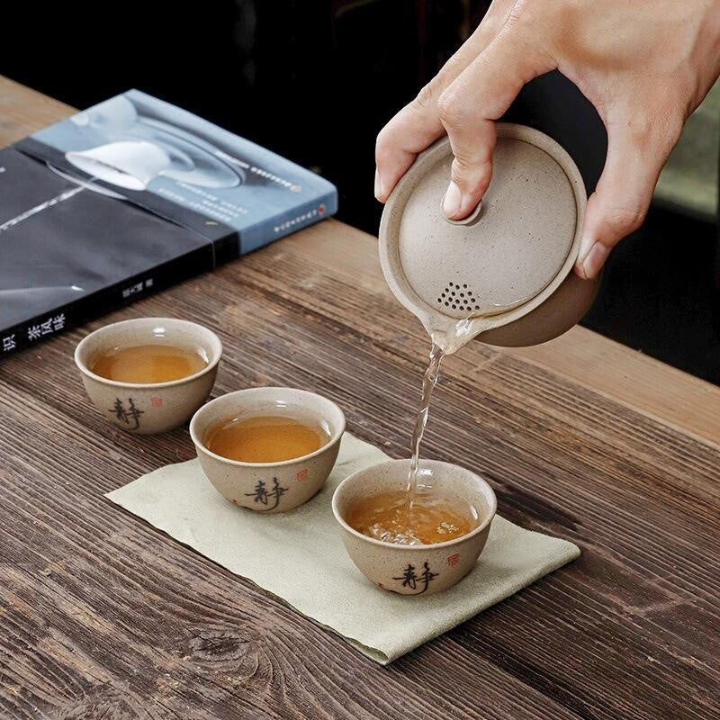 Travelling Tea Set One Pot 3 Matching Cup Portable Bag Crude Pottery Tea Set New