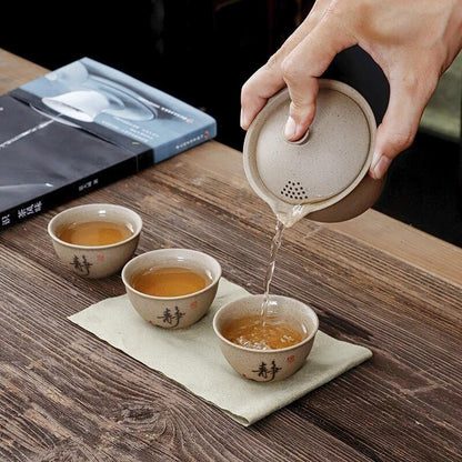 Travelling Tea Set One Pot 3 Matching Cup Portable Bag Crude Pottery Tea Set New