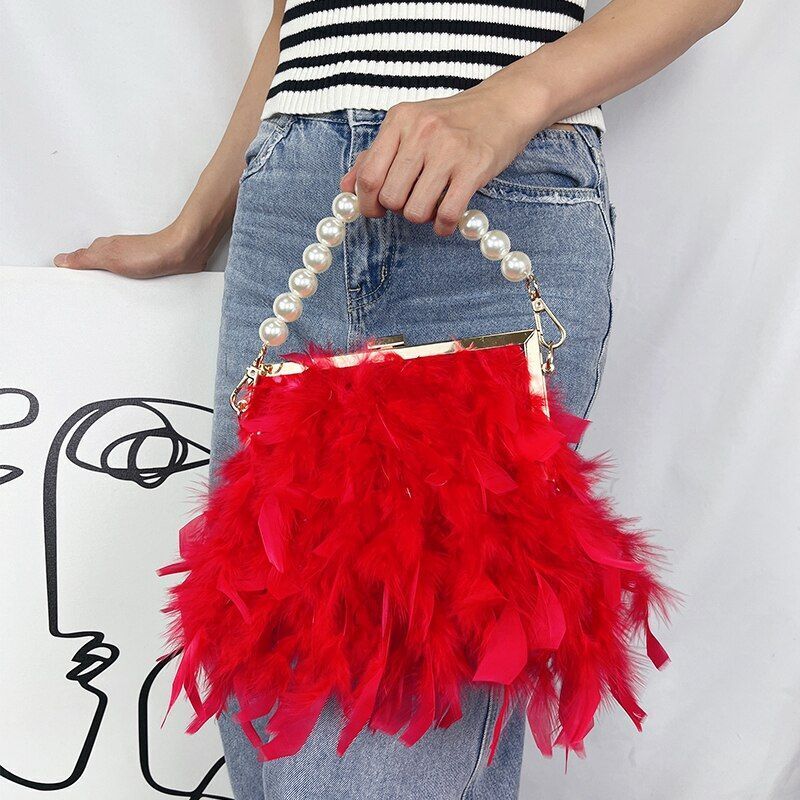 Luxury Real Feather Purse Handbag Clutch Shoulder Bags Pearl Chain 20*5*18 CM