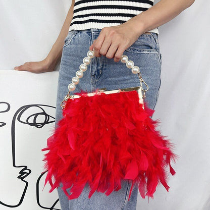 Luxury Real Feather Purse Handbag Clutch Shoulder Bags Pearl Chain 20*5*18 CM