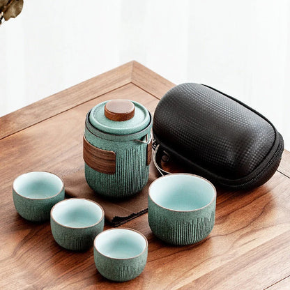 Ceramic Teapot with 4 Cups Green Travel Tea Set