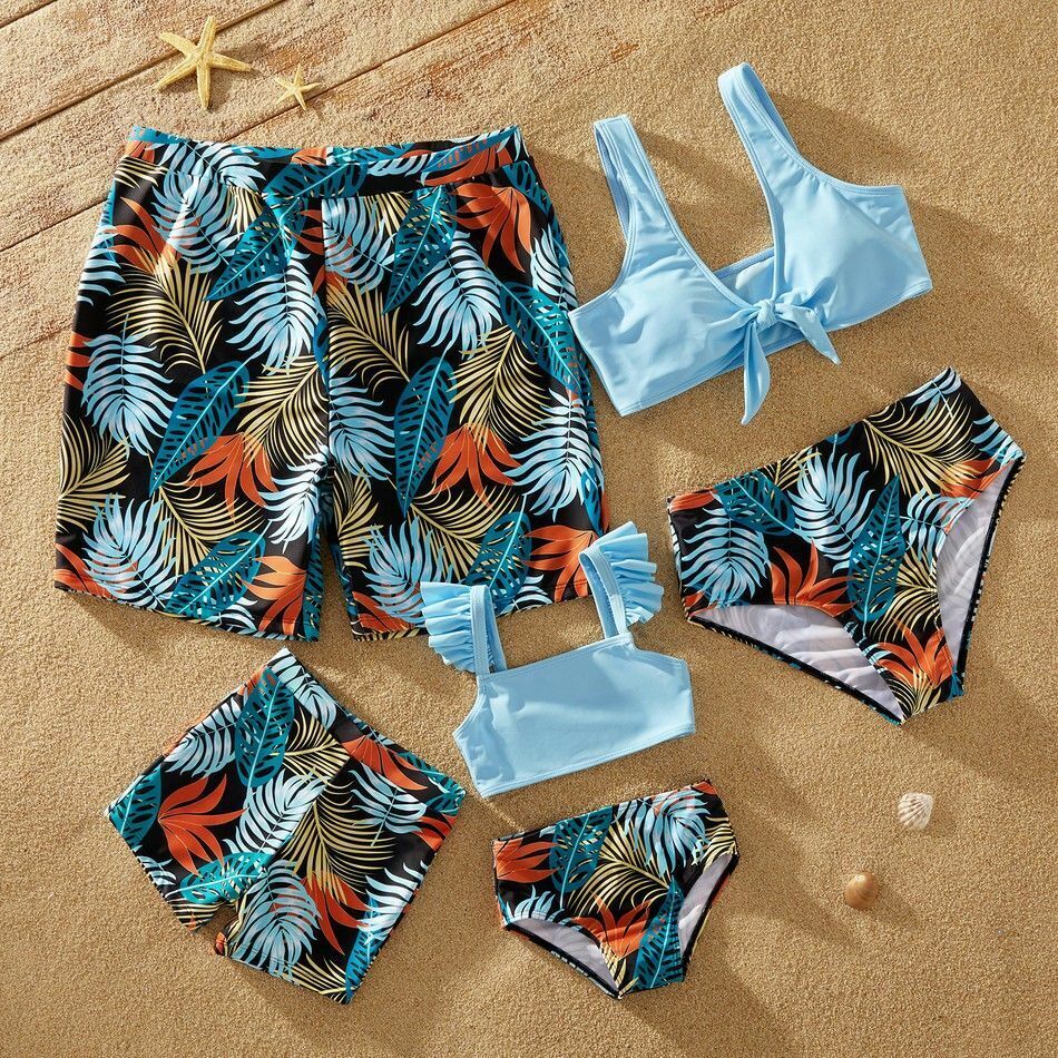 Summer Family Swimwear Solid Top Floral Print Shorts Matching Swimsuits Outfits
