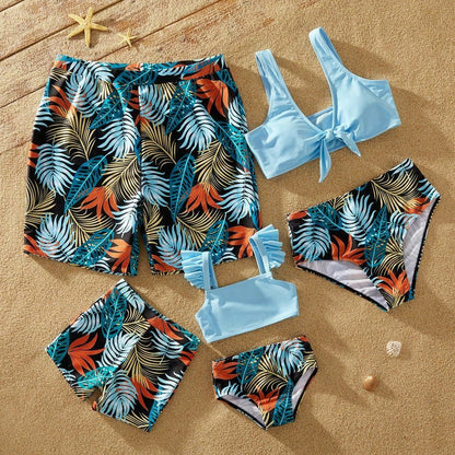 Summer Family Swimwear Solid Top Floral Print Shorts Matching Swimsuits Outfits