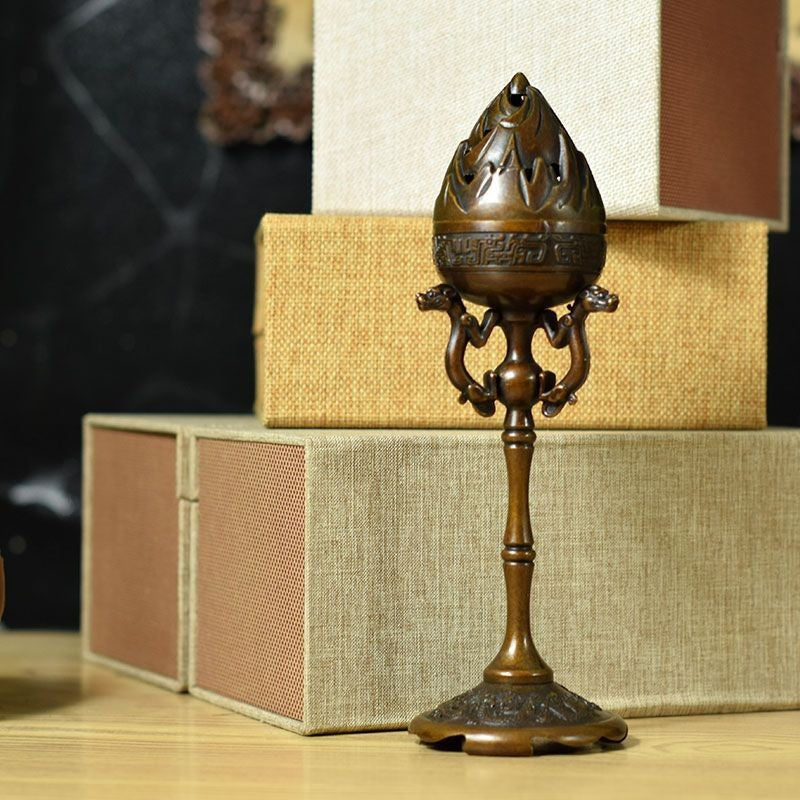 Pure Copper Dragon Phoenix Boshan Incense Burner 23x5.5cm Antique Censer 450g