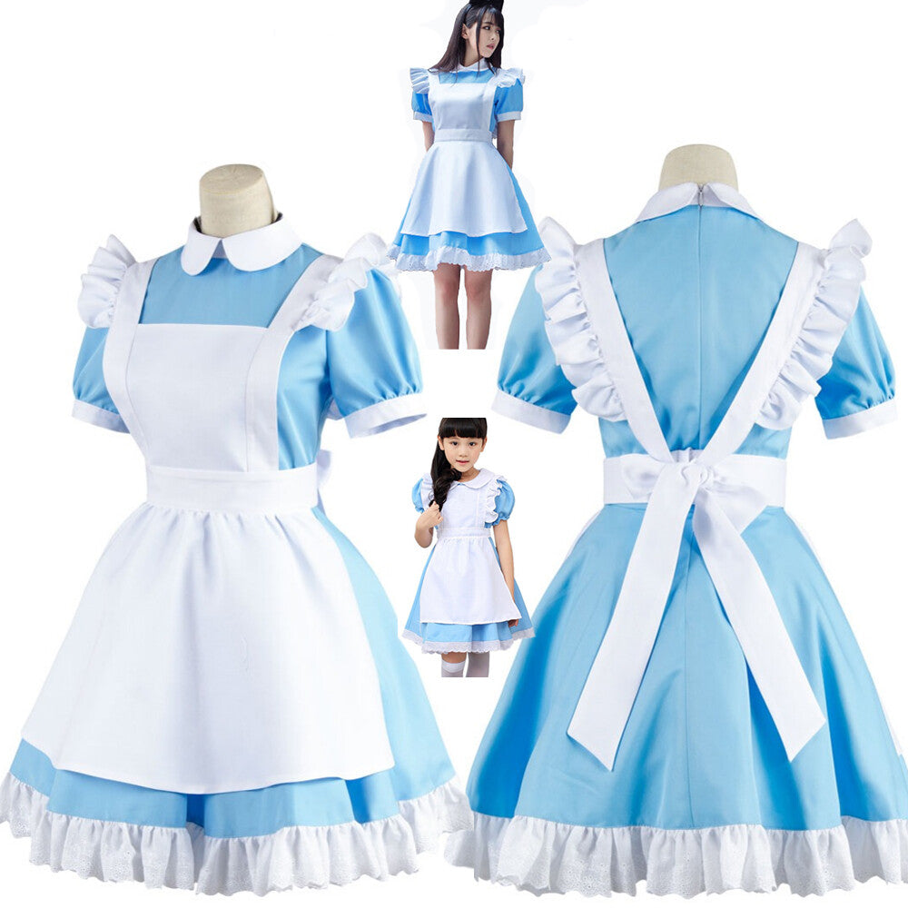 Alice in Wonderland Costume Waitress Uniform Maid Blue Dress Halloween Cosplay