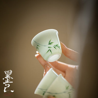 Hand Painted Dark Green Bamboo Small Tea Cup Chinese Style Fragrant Tea Cup