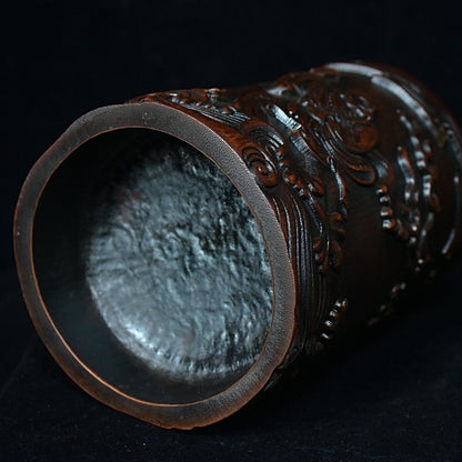 Chinese Wood Brush Pot Old Bamboo Carved Arhat Taming Dragon Pen Holder Collect