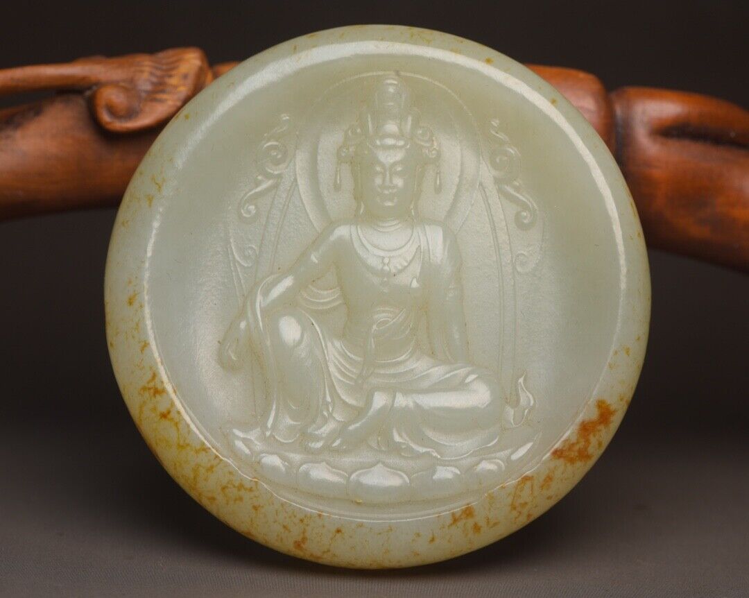 Antique Chinese Natural Hetian Jade Carving Kwan Yin Statue Lucky Jade Pendant