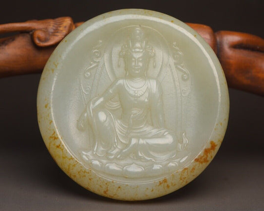 Antique Chinese Natural Hetian Jade Carving Kwan Yin Statue Lucky Jade Pendant