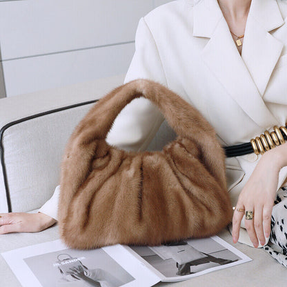 Luxury Womens Full-pelt Mink Handbag Genuine Leather Strap Solid Crossbody Bag
