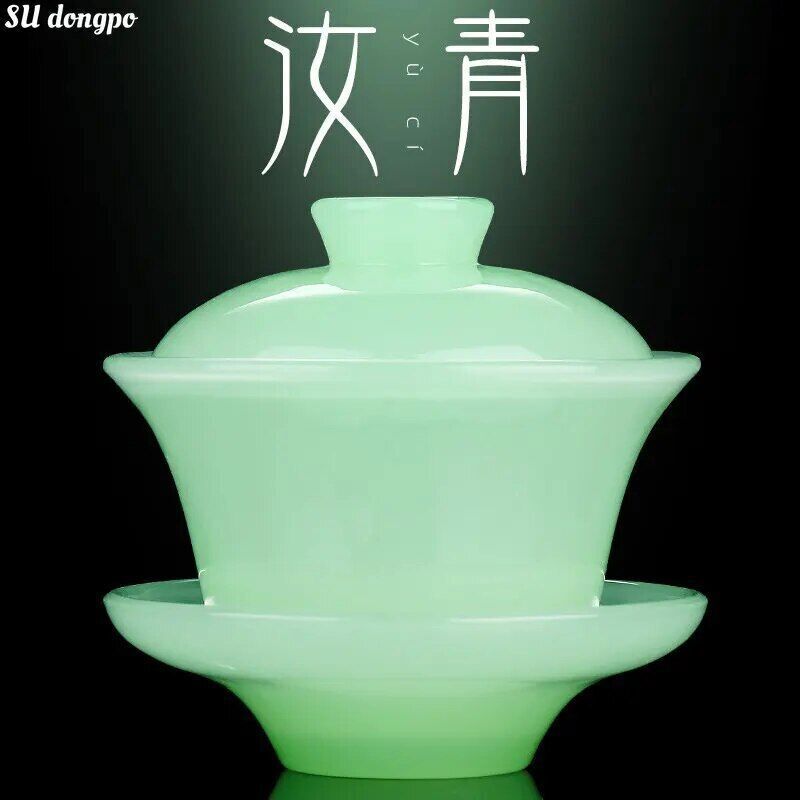 Ru Qing Celadon Porcelain Covered Bowl - Tianquan Chinese Gaiwan Tea Cup Large