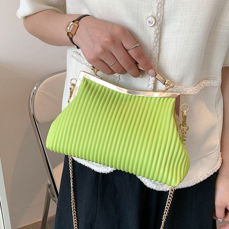 Handbag Mental Handle Pleated Shell Bag Clutch Purse Crossbody 14*23*9 CM Purse