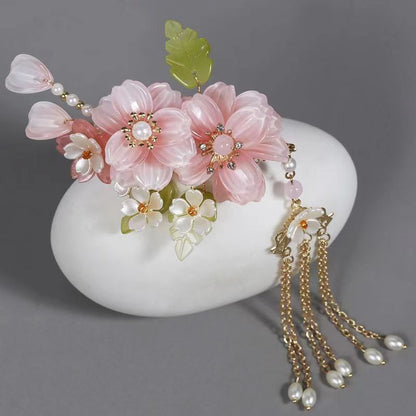 Hanfu Hair Accessory Set Fairy Tassel Clip Comb Ear Hook Pink Floral