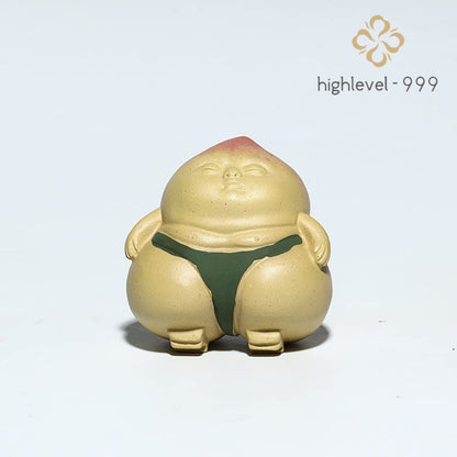 3.4" Handmade Tea Pet Sumo Fat Man Chinese Yixing Carved Peach Fengshui Teapot