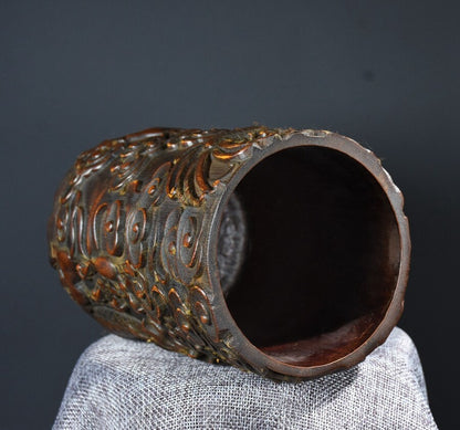 Old Chinese Bamboo Handcarved Dragon Jar Pots Pen Holder